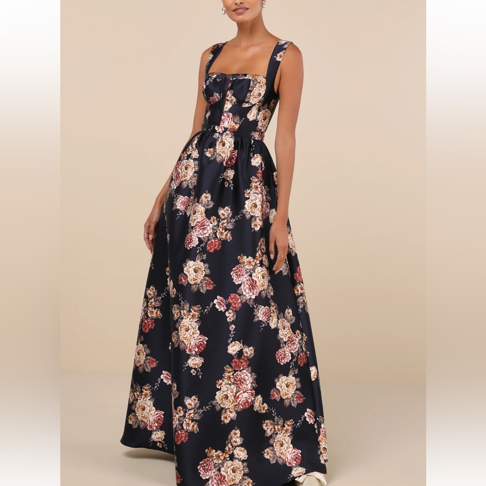 Lulus Elegant Pick Navy Blue Floral Sleeveless Bustier Maxi Dress